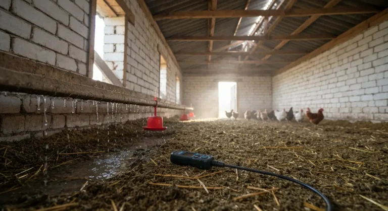 Ręczny miernik gazu leżący na wilgotnej ściółce pod kapiącym poidłem smoczkowym w wiejskim kurniku