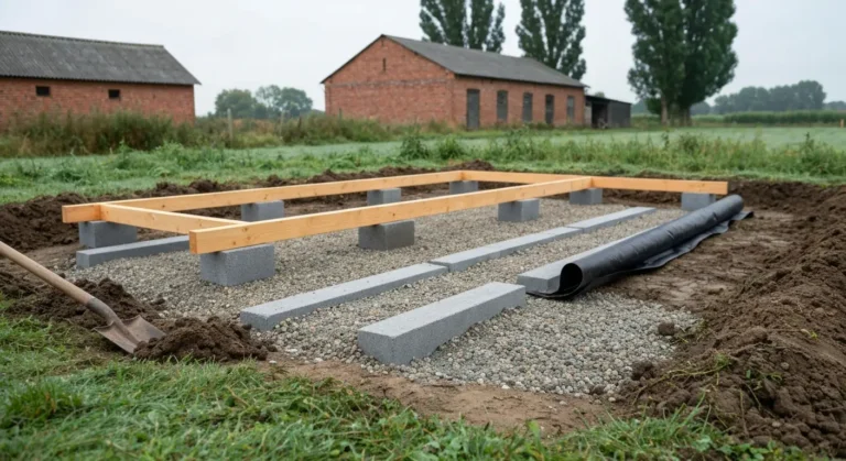Podbudowa z kruszywa i bloczki betonowe jako podpory pod drewnianą ramę kurnika na wiejskim podwórku