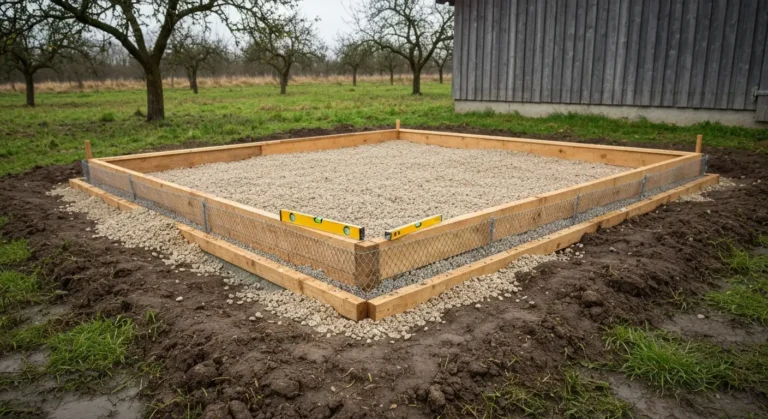 Betonowy fundament pod kurnik w drewnianym szalunku z podsypka zwirowa i siatka przeciw gryzoniom na wiejskiej dzialce
