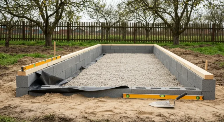 Fundament pod kurnik z bloczkow betonowych na podsypce zwirowej z izolacja przeciwwilgociowa i drewniana podwalina