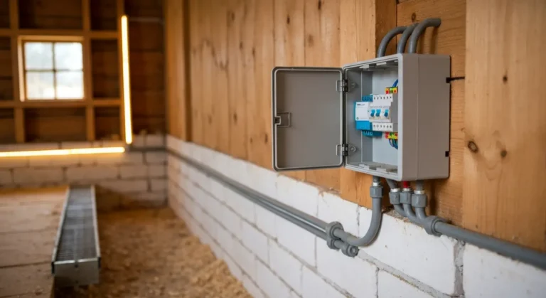 Rozdzielnica elektryczna z wylacznikami w drewnianym kurniku na wsi, przewody w peszlu na scianie