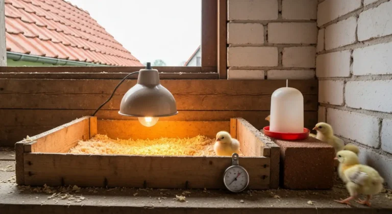 Odchowalnik dla piskurt w drewnianej skrzyni z lampa grzewcza, termometrem i poidlem na cegle