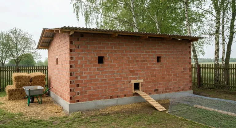 Murowany kurnik z czerwonej cegly na wiejskiej posesji, z drewnianym wylazem dla kur i wybiegiem ogrodzonym siatka