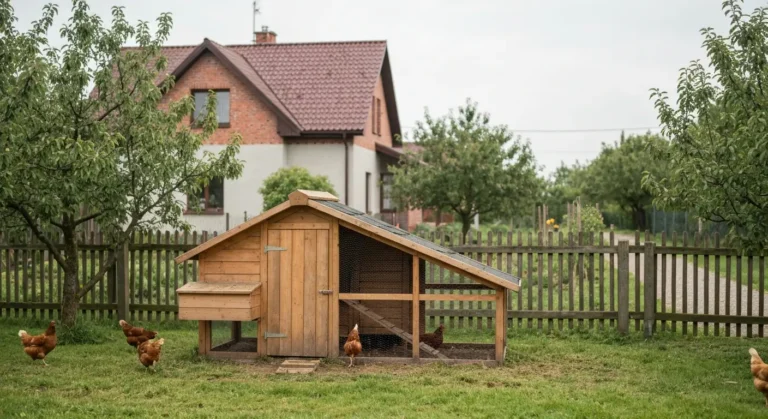 Drewniany kurnik przydomowy na trawniku przy niskim plocie, w tle dom jednorodzinny i drzewa owocowe