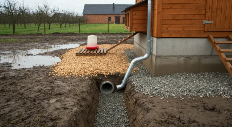 Drewniany kurnik po deszczu z rynna, rurą spustową i żwirowym rowem drenażowym wokół rozmoklego wybiegu