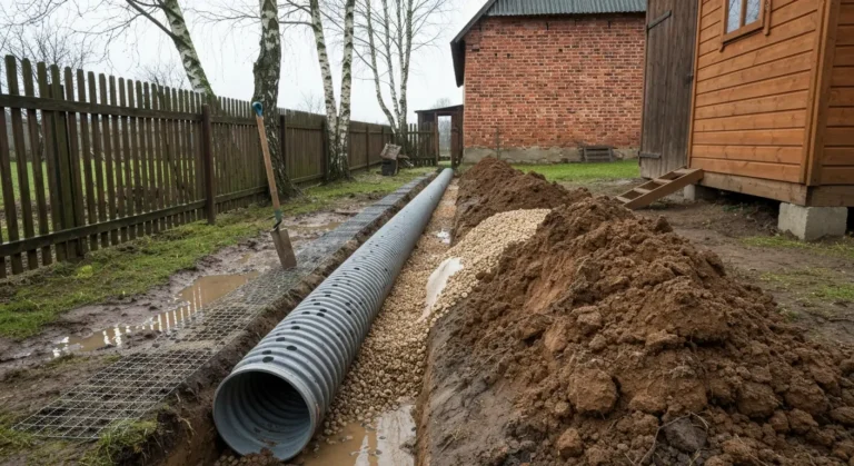 Wykop drenazowy z rura i zwirem przy fundamencie drewnianego kurnika na wiejskiej dzialce po deszczu