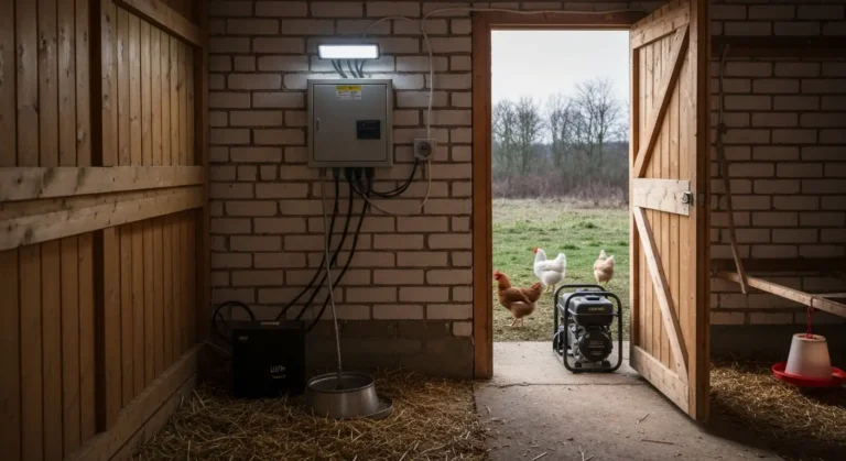 Lampa awaryjna LED nad rozdzielnica w wiejskim kurniku, obok zasilacz UPS i agregat pradotworczy przy otwartych drzwiach