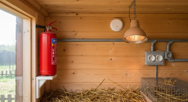 Wnetrze drewnianego kurnika z gasnica na scianie, czujka dymu pod sufitem i lampa grzewcza nad sciolka